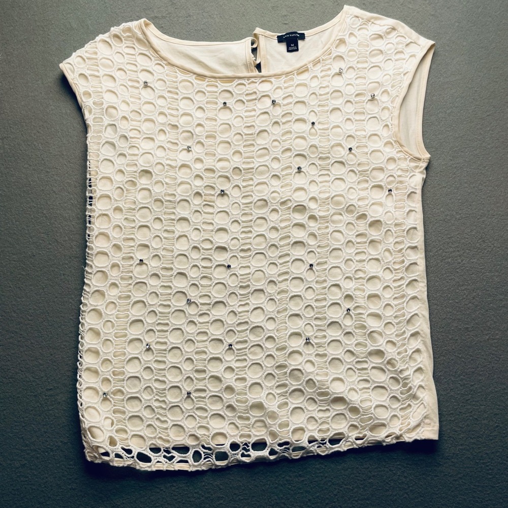 Crochet Lace Women Top Cutout Circle Overlay Ivory Cotton Blend M Soft Girl Chic